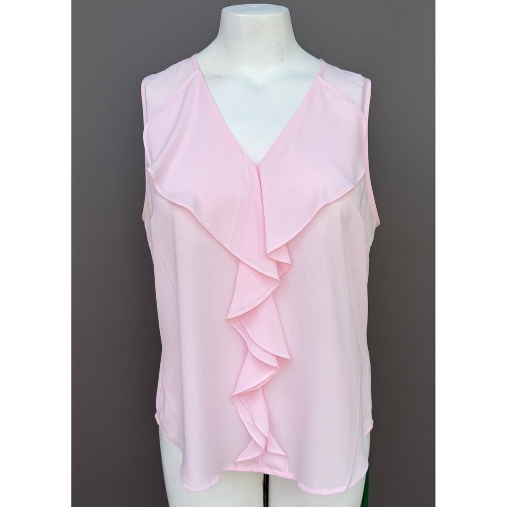 White House Black Market Blouse L Pink Ruffle V-Neck Sleeveless Sheer Pastel Top